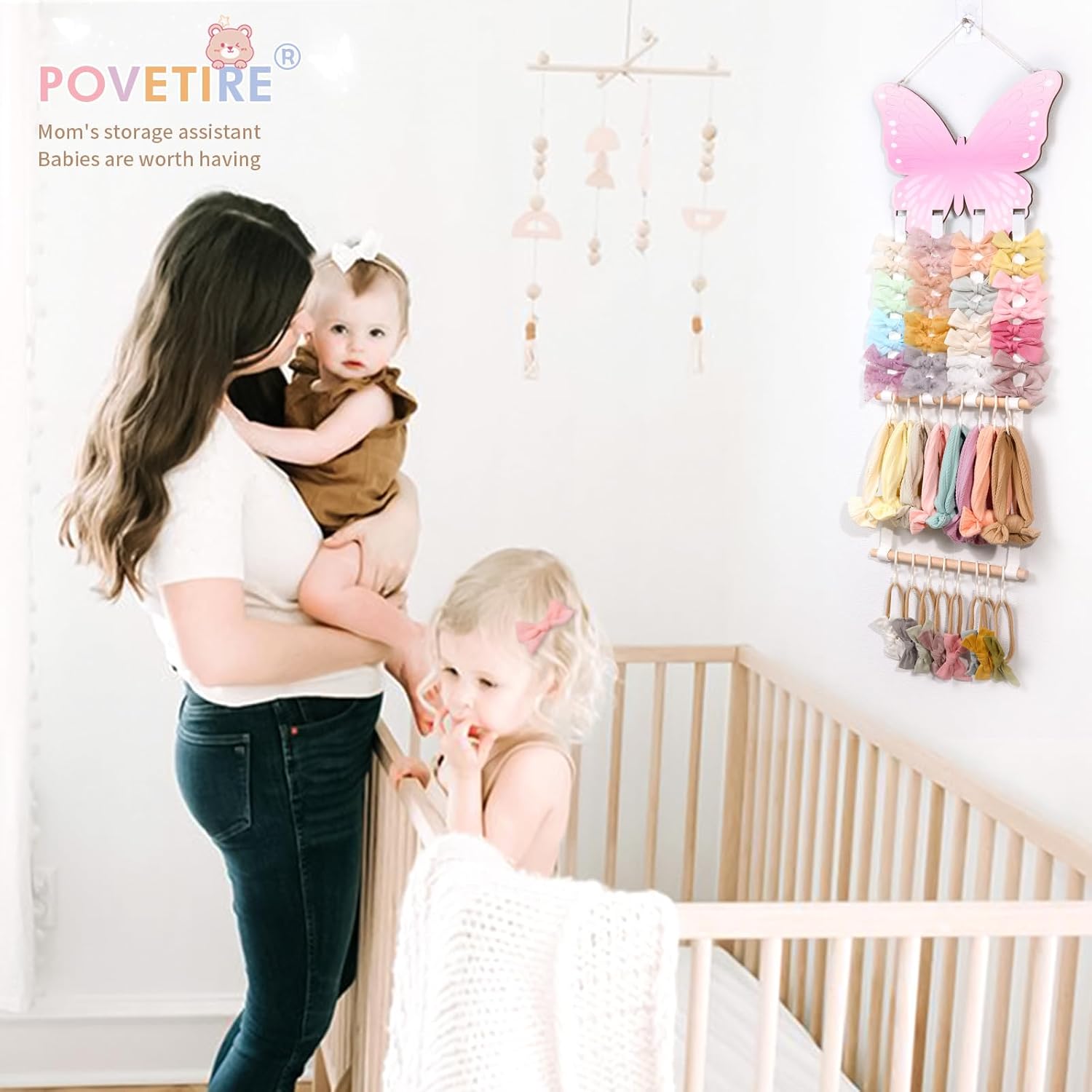 POVETIRE Headband Holder Bow Holder for Girls Hair Bows,Butterfly Hair Accessories Organizer Storage Wall Hanging Display for Nursery Toddler Girls Room