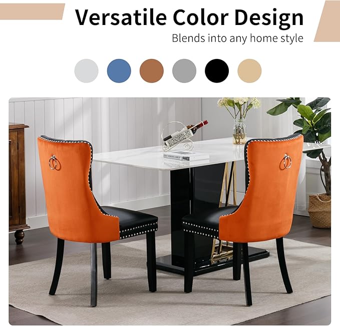 Modern Dining Chairs Set of 6, Tufted Upholstered Dining Chair with Solid Wood Legs, Velvet and Leather Dining Chairs, Sillas de Comedor, Comfy Kitchen Chair (Black+Orange, 6Pcs)