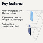 Amazon Basics Foldable 4-Wing Metal Clothes Drying Rack, 61x23.6x49.6 inches, White