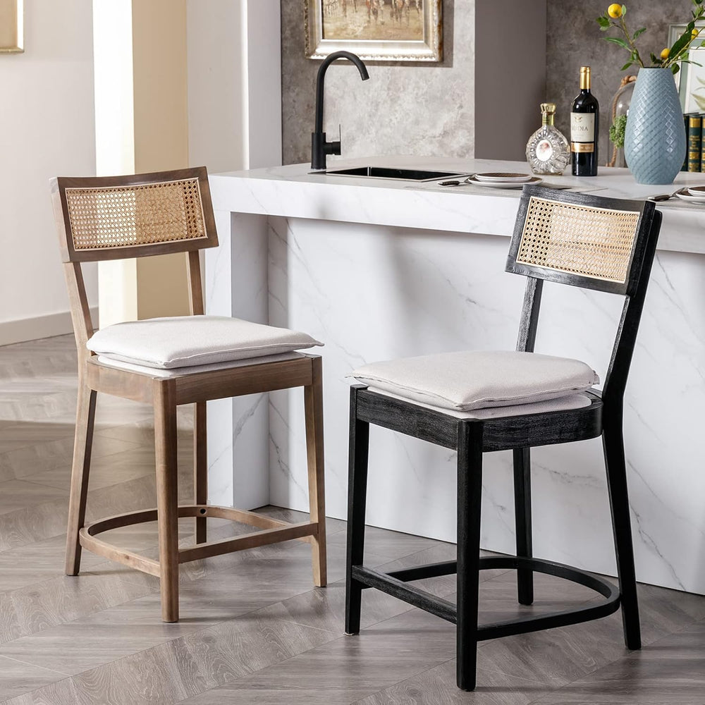 Rattan Counter Height Bar Stools Set of 2, 26" Wooden Bar Stools