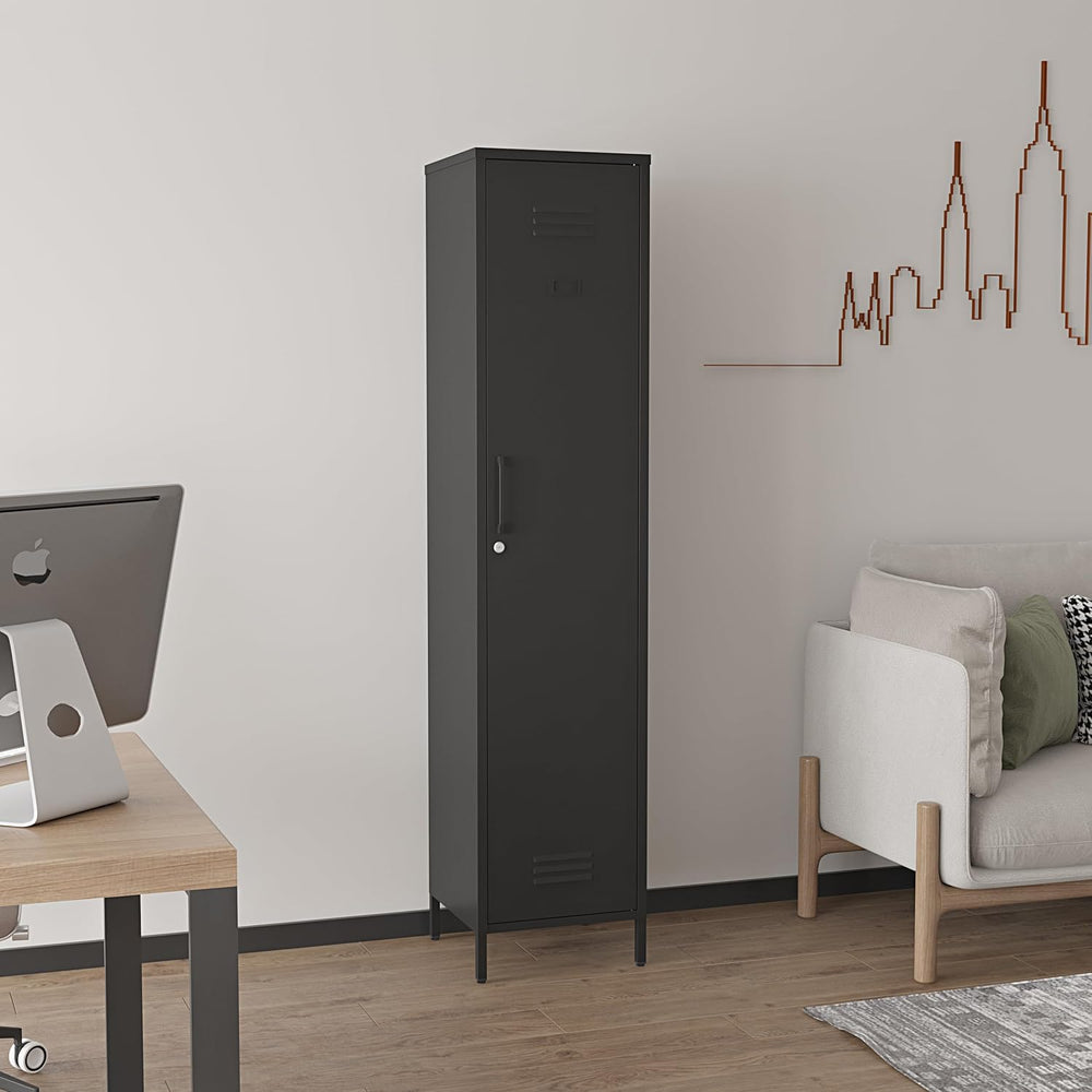 Tall Single Door Metal Locker with Adjustable Shelves, Black Tall Metal Locke...