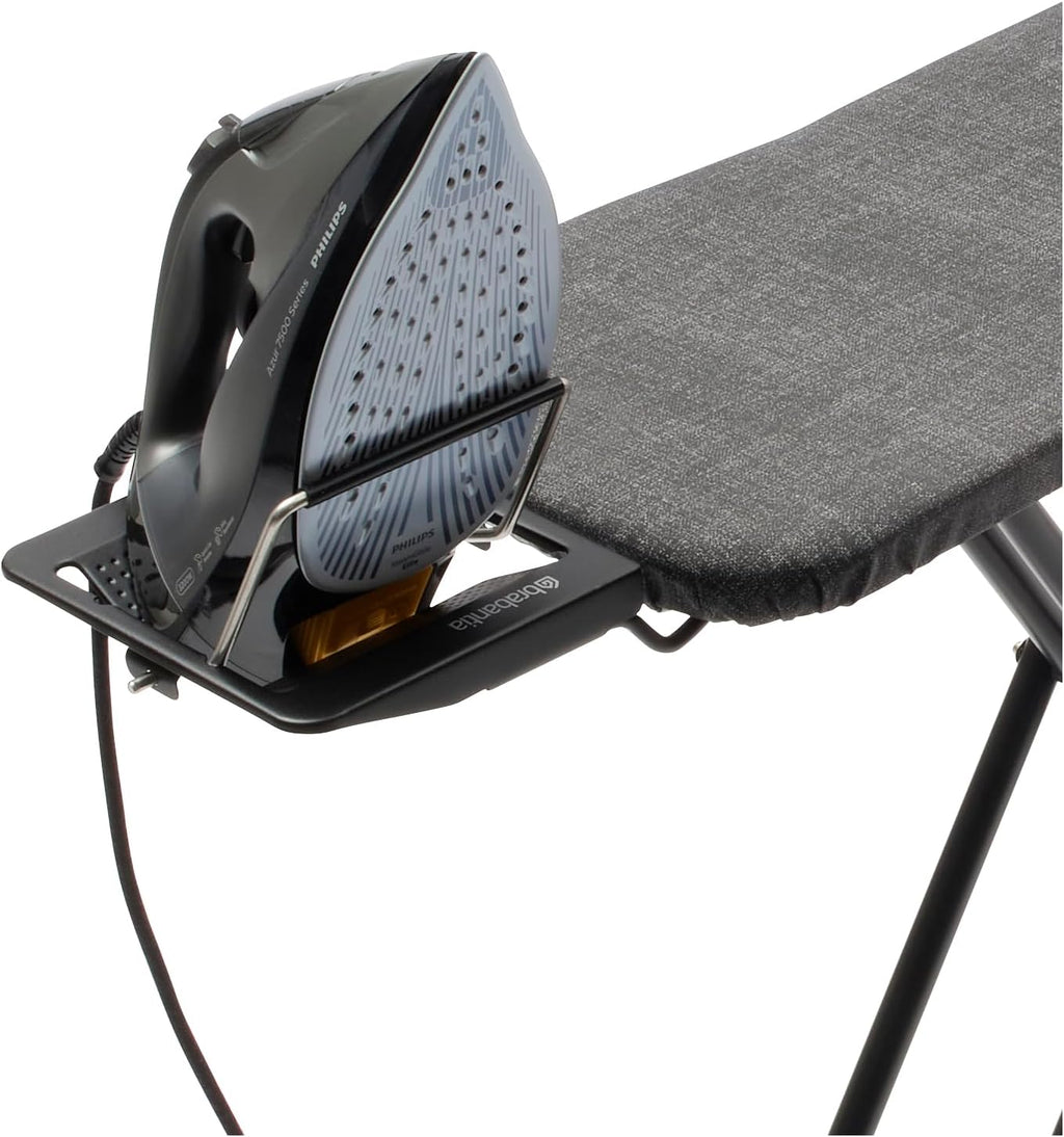 Brabantia Size A Compact Small Ironing Board (43x12 in) 7 Height Options, Adjustable Steam Iron Rest Holder (Denim Black) Non-Slip Feet, Anti-Collapse Child Locks