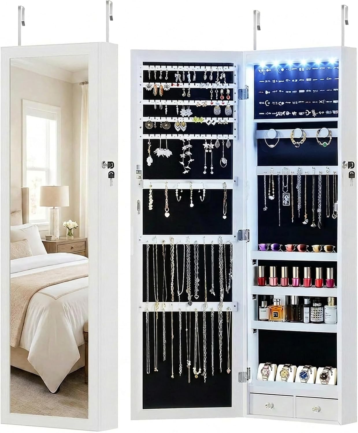 DUMOS 6 LEDs Mirror Jewelry Cabinet, Wall or Door Mounted Jewelry Organizer, 47.2-Inch Tall Lockable Large Capacity Cosmetic Storage, Gift Idea, White | Hanging Door or Wall Mounted Mirror, Lockable, Large Capacity Cosmetic Storage, 2 Drawers, Gift Idea