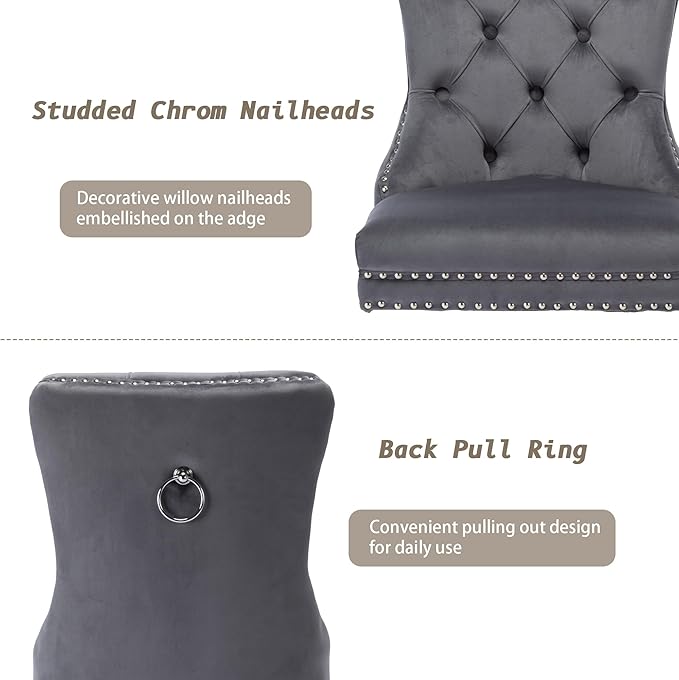 KCC Velvet Dining Chairs Set of 2, Upholstered High-end Tufted Dining Room Chair with Nailhead Back Ring Pull Trim Solid Wood Legs, Nikki Collection Modern Style for Kitchen, Grey
