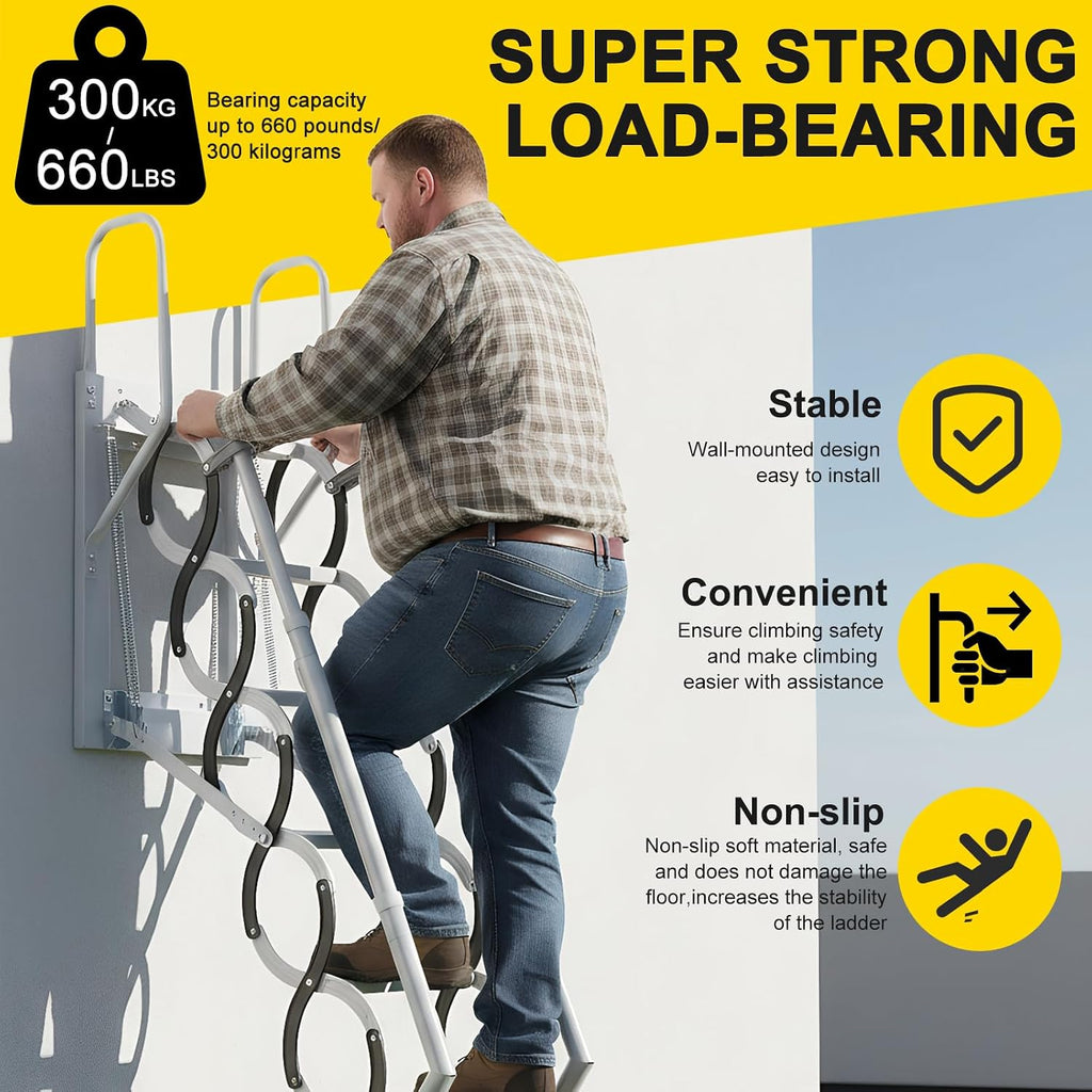 11 Steps Ceiling Mount Attic Staircase with Handrails, Foldable Loft | Includes 11-step wall-mounted attic stairs with handrails for home or garage. Space-saving foldable design, high stability,