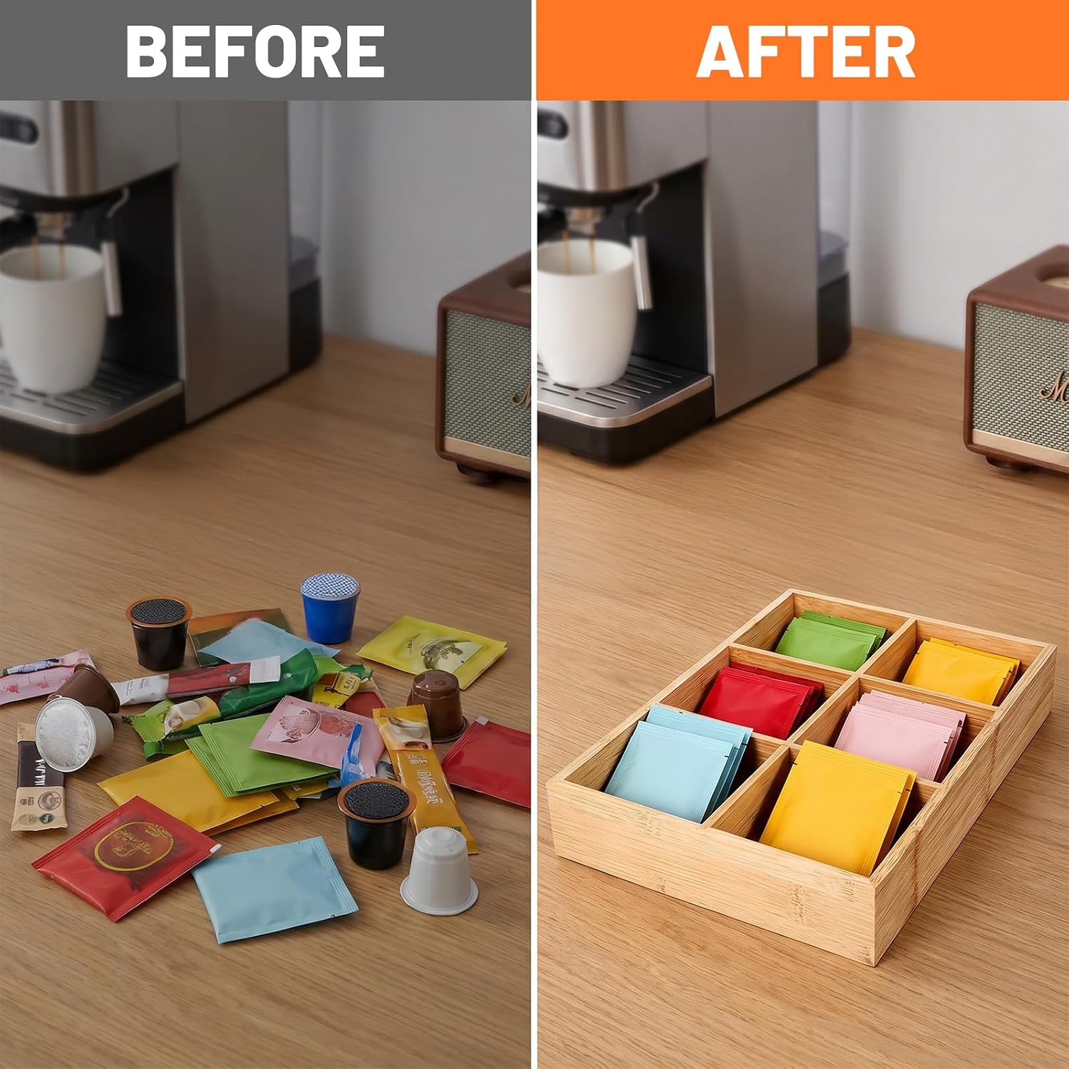 2 Pack Bamboo Tea Bag Organizers, Wooden Tea Storage Holder with 6 Roomy Compartments, Sturdy Teas Chest Boxes for Countertops Desk Drawer Shelf Coffee Station Sugar Packet Small Packets