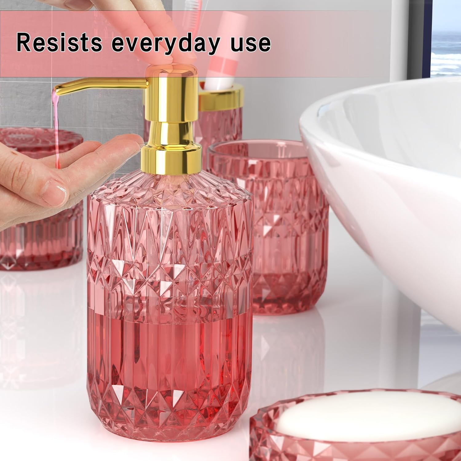 New Pink Bathroom Accessories Set, 5 Pcs Clear Glass Bathroom Accessories Sets with Lotion Soap Dispenser, Soap Dish, Toothbrush Holder, Bathroom Tumbler, Cotton Swab Jars, Perfect for Bathroom Decor