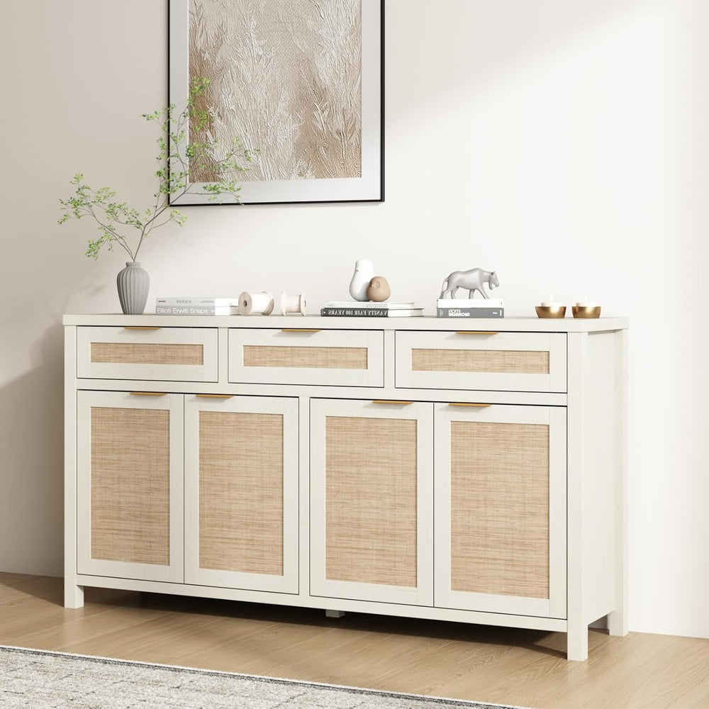 HOKYHOKY Rattan Sideboard Buffet Cabinet, Boho Storage Cabinet with Adjustabl...