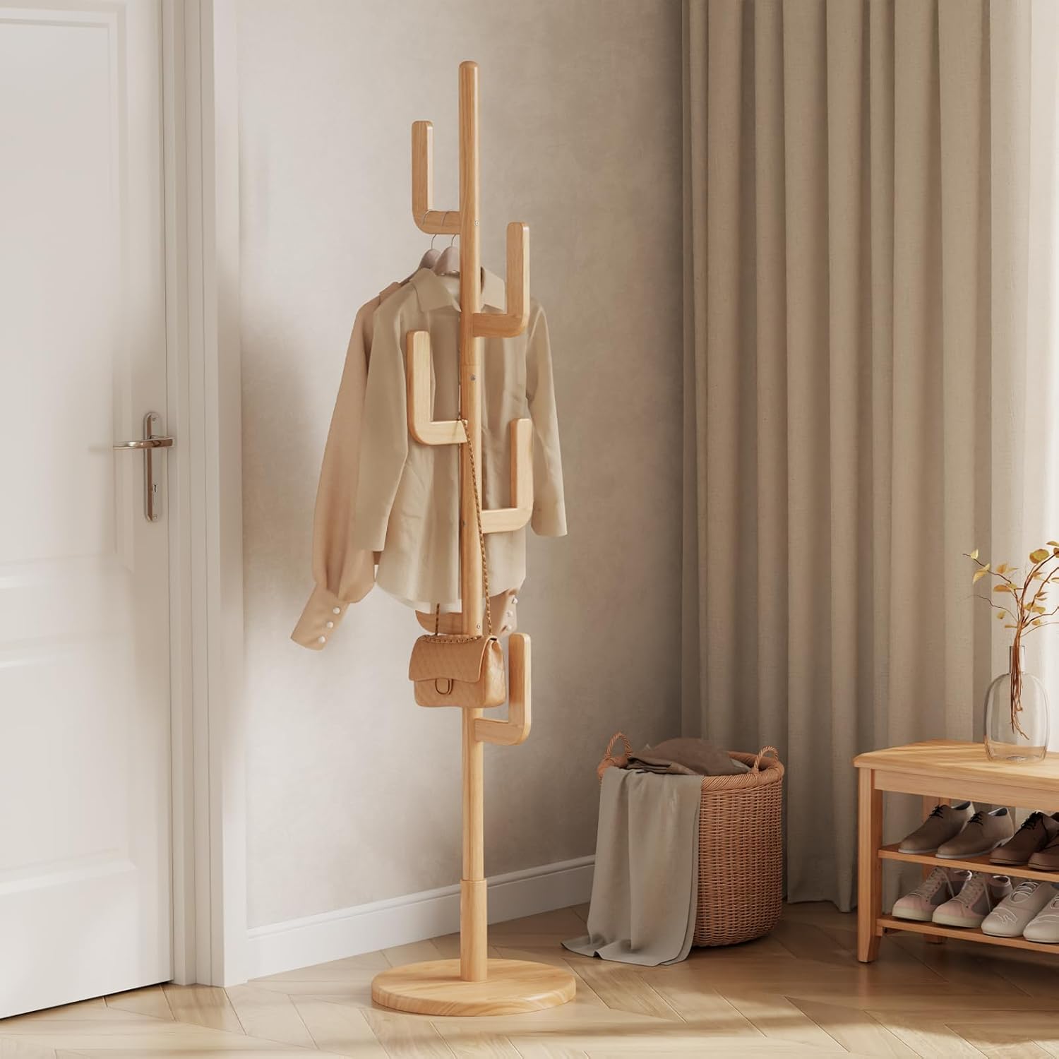 Muwuele Solid Wood Cactus Coat Rack, Freestanding Coat Rack With 6 L-Shaped Hooks and 3 Adjustable Sizes, Coat Tree for Bedroom, Entryway, Livingroom, Coat Hanger Stand for Coats, Handbags (Natural)