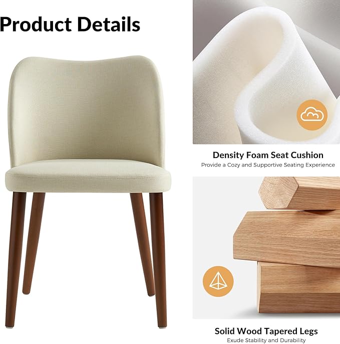 Dining Chairs Set of 2, Upholstered Kitchen Dining Room Chair Set Morden Accent Side Dinner Chair with Curved Padded Back Wood Legs for Restaurant/Cafe, Ivory