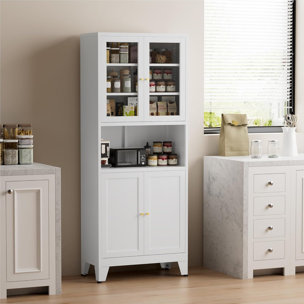 COFaR 69" Metal Pantry Cabinet,Metal Storage Cabinet with 2 Glass Doors | Tall Kitchen Pantry with Doors and Shelves, Microwave Shelf, Freestanding Cupboard for Kitchen, Dining Room, Bathroom, White