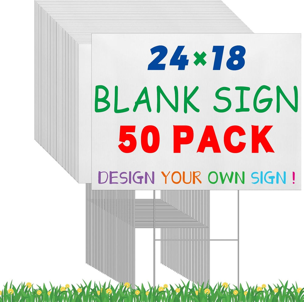 Tatuo 50 Pcs Blank Yard Signs with Metal H Stakes, 18 x 24'' Corrugated