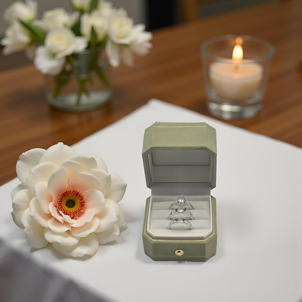 Velvet Ring Box - Octagon Engagement Ring Box with Hinged Lid for Proposal Engagement Wedding, Proposal Ring Case Jewelry Box with Gold Lace PRB003-Green