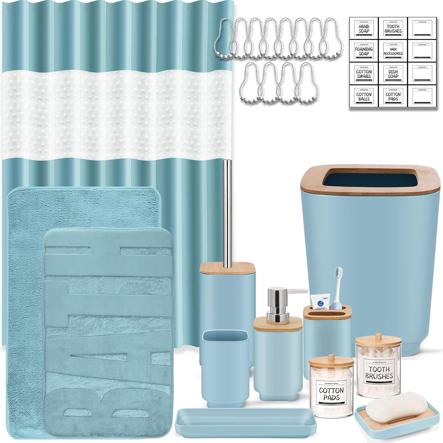 Bathroom Accessories Set,Blue Bathroom Set,24 Pieces Bathroom Accessory Set with Shower Curtain,Trash Can for Bathroom Accessories Décor and Home Gifts