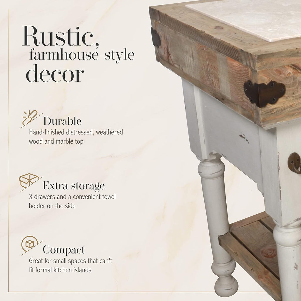 Marble-Top 3-Drawer Kitchen Island with Towel Holder on Side, Chalk White, 62.5 x 27.5 x 41 Inches