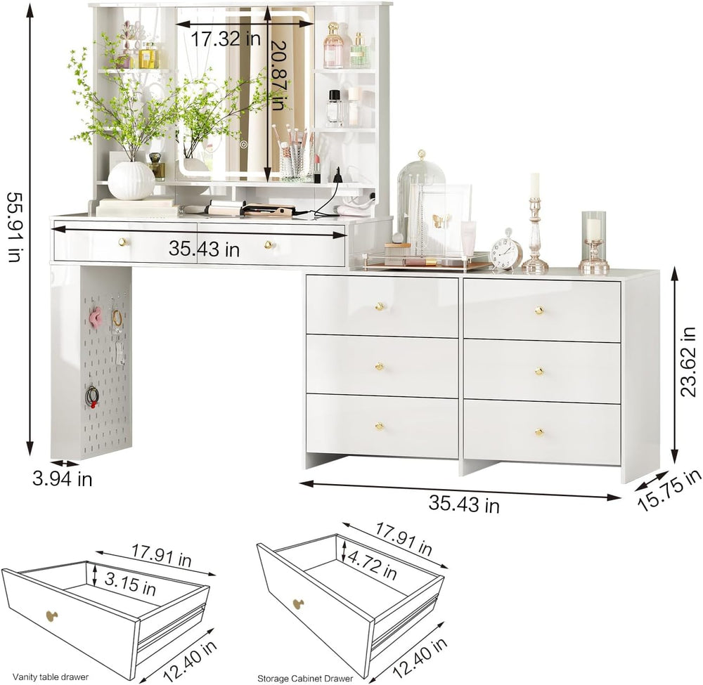 Ieejdn Makeup Vanity Desk with Mirror and Lights, Vanity Desk with 8 Drawers ...