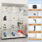 Beauty4U Glass Display Cabinet with Mirror Back Panel, 12 Shelves with 3 Columns, 2 Doors Curio Cabinets for Living Room, Bedroom, Office, White Floor Standing Glass Bookshelf, Quick Installation