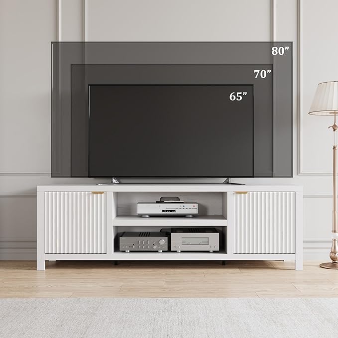 IDEALHOUSE Fluted TV Stand for 80 inch, Modern Entertainment Center with Adjustable Shelves, White TV & Media Cabinet 2-Tier Storage for Living Room Bedroom