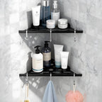 Shower Corner Shelf 304 Stainless Steel Shower Caddy 2 Tier Shower Organizer Niche Extra 6 Hangers Shelves 40 lbs Large Capacity Bathroom Storage for Inside Anti-Rust Drilling Installation(Black)