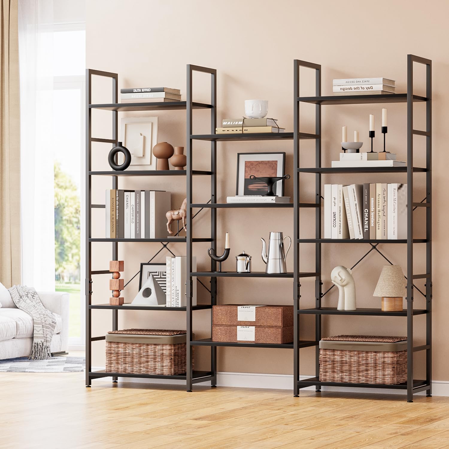 NUMENN Triple 5 Tier Bookshelf, Wide Book Shelf with 14 Open Display Shelves, Modern Tall Bookcase Furniture for Living Room Home Office, Black