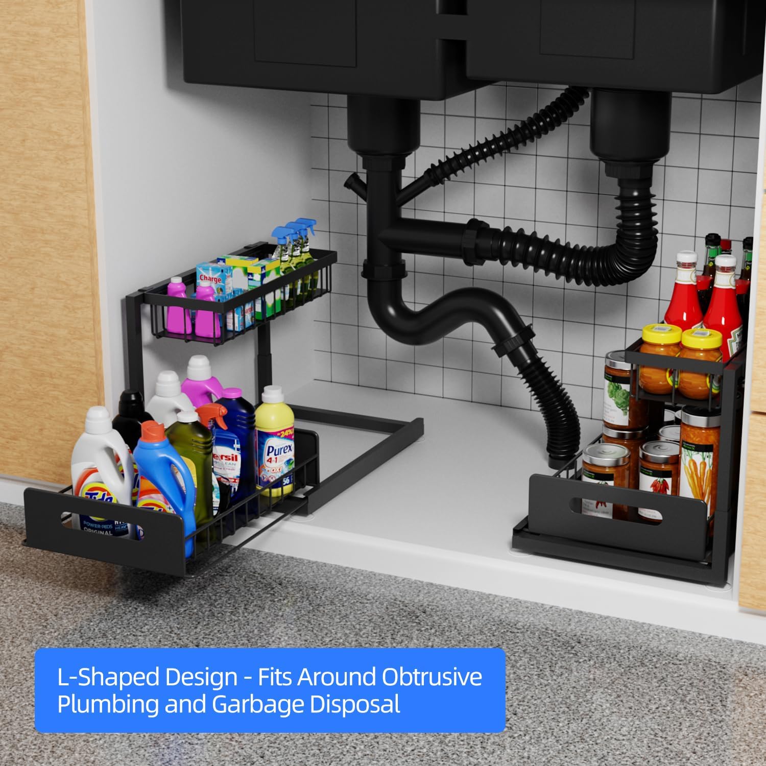 2-Tier Under Sink Slide Out Organizer, Pull Out Cabinet Storage Shelf with Sliding Wire Basket Drawer for Bathroom Kitchen, Countertop or Pantry Shelf, Black