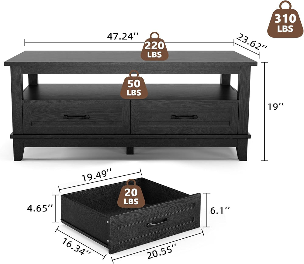 IDEALHOUSE Black Coffee Table with Drawers, 47.2” Rustic Center Table with Op...