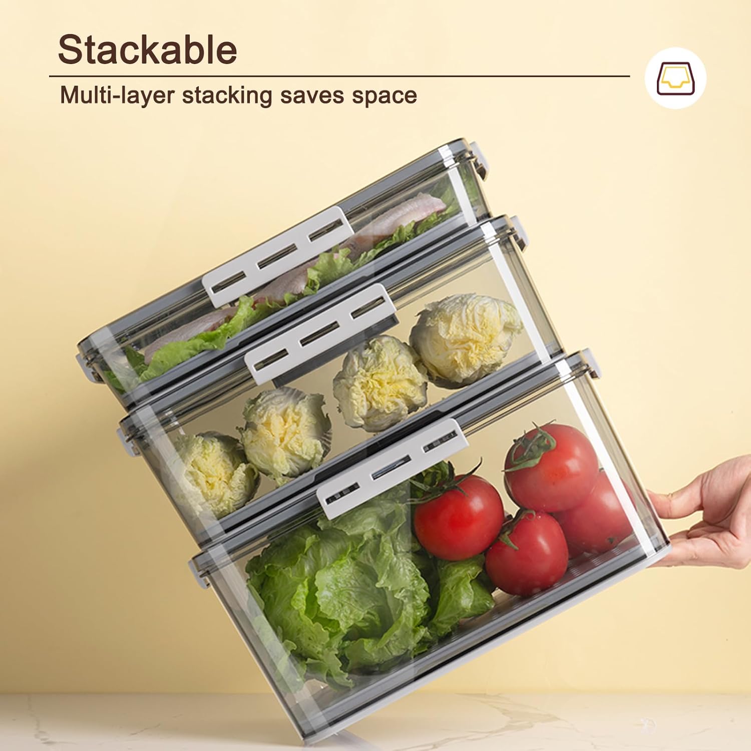 CottonColors Fridge Organizer, Food Storage Containers With Lids for Timer & Drain Board Stackable Refrigerator Organizers and Storage(Tall & Large, Small, 4.5 L + 2 L, 2 Pack)