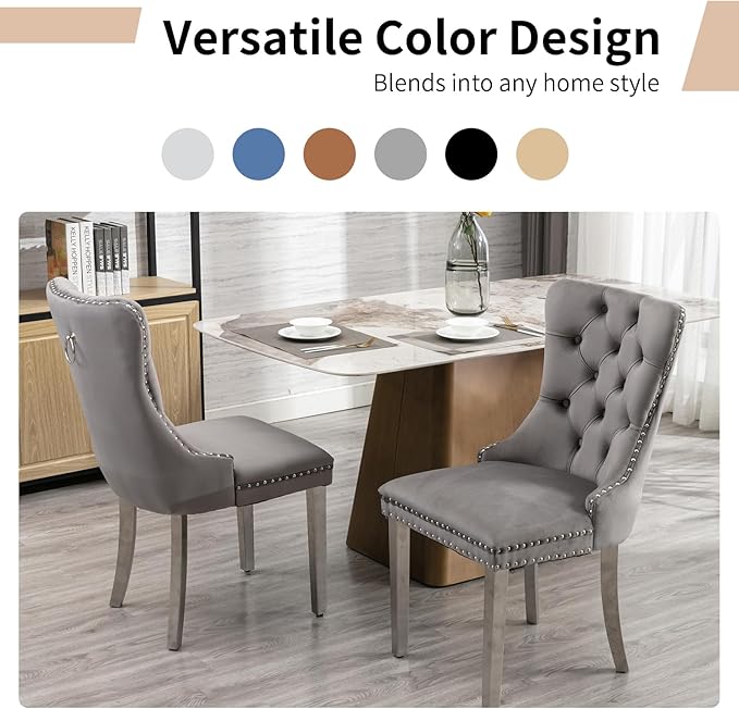 Luxury Upholstered Dining Chairs Set of 4, Grey Kitchen Chair with Silver Met...