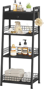 Gewudraw Bathroom Ladder Shelf with Drawer, 4-Tier Bathroom Storage, Black | Bathroom Table Stand for Small Spaces, Bathroom Storage for Living Room, Bedroom, Kitchen, Bathroom Organizer Standing Shelf