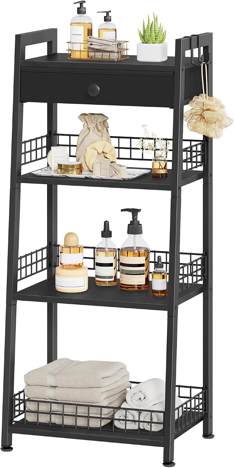 Gewudraw Bathroom Ladder Shelf with Drawer, 4-Tier Bathroom Storage, Black | Bathroom Table Stand for Small Spaces, Bathroom Storage for Living Room, Bedroom, Kitchen, Bathroom Organizer Standing Shelf
