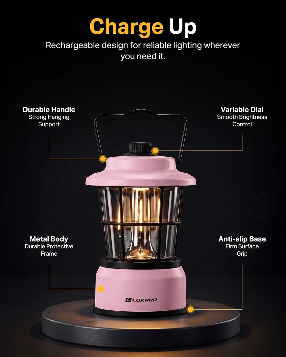 LUXPRO Rechargeable Retro Outdoor Lantern LED Camping Lantern, Pink,2 Pack