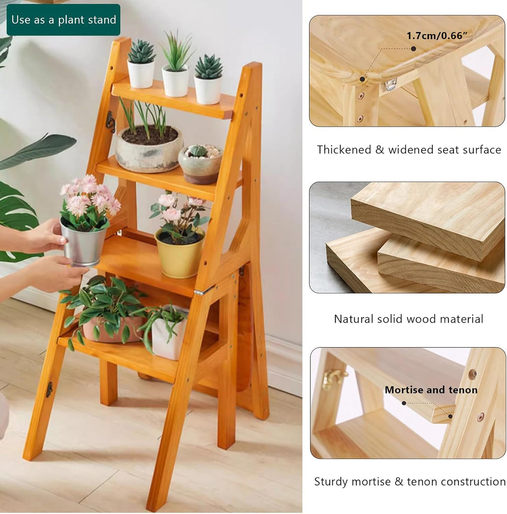 Solid Wood Folding Ladder Chair,2-in-1 Portable Wood Step Ladder,multi-functional Step Stool,folding Chair Display Storage Shelf For Home, Library, Kitchen(14.9"D x 13.7"W x 35.4"H, Light Walnut)