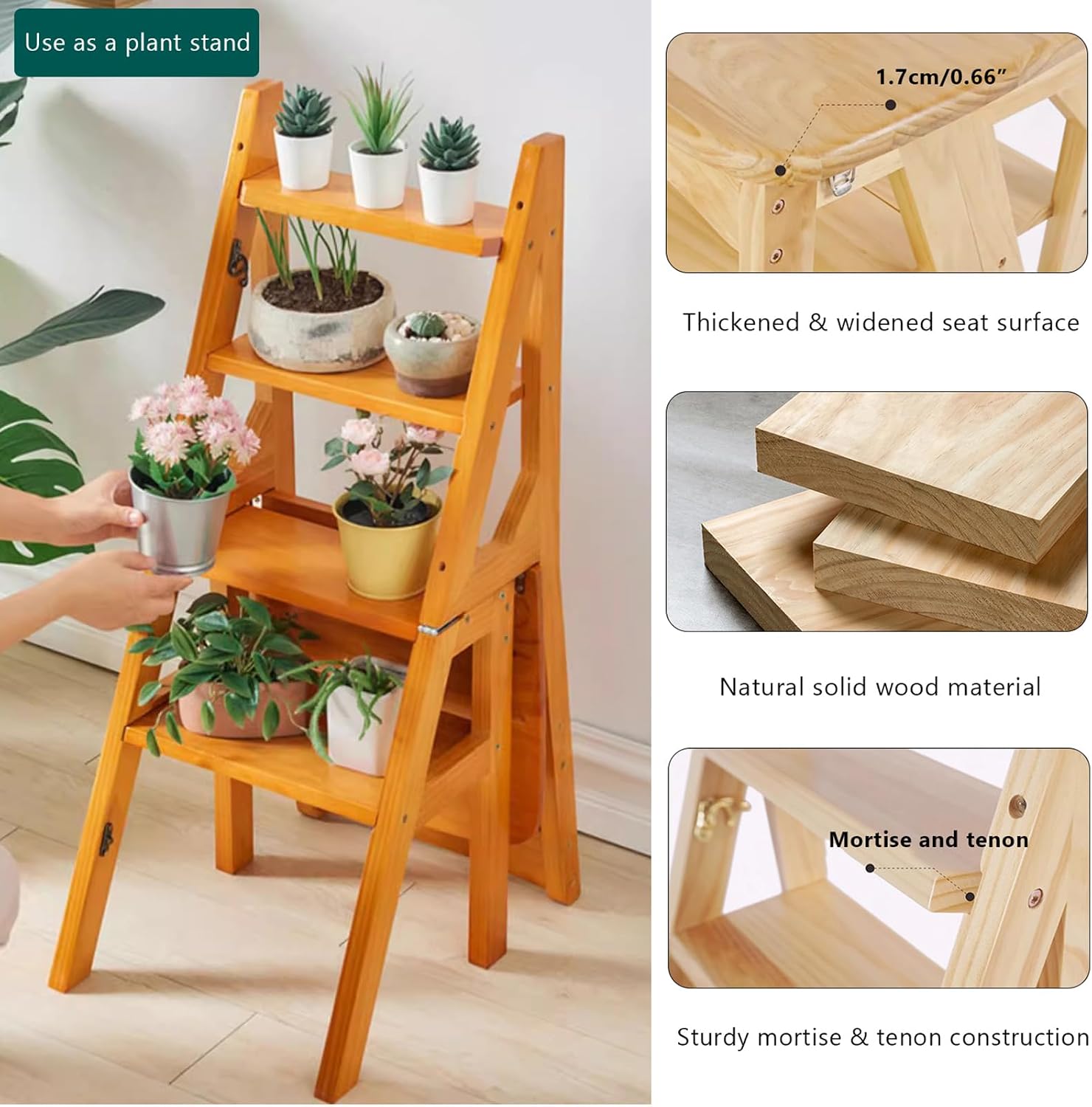 Solid Wood Folding Ladder Chair,2-in-1 Portable Wood Step Ladder,multi-functional Step Stool,folding Chair Display Storage Shelf For Home, Library, Kitchen(14.9"D x 13.7"W x 35.4"H, Light Walnut)