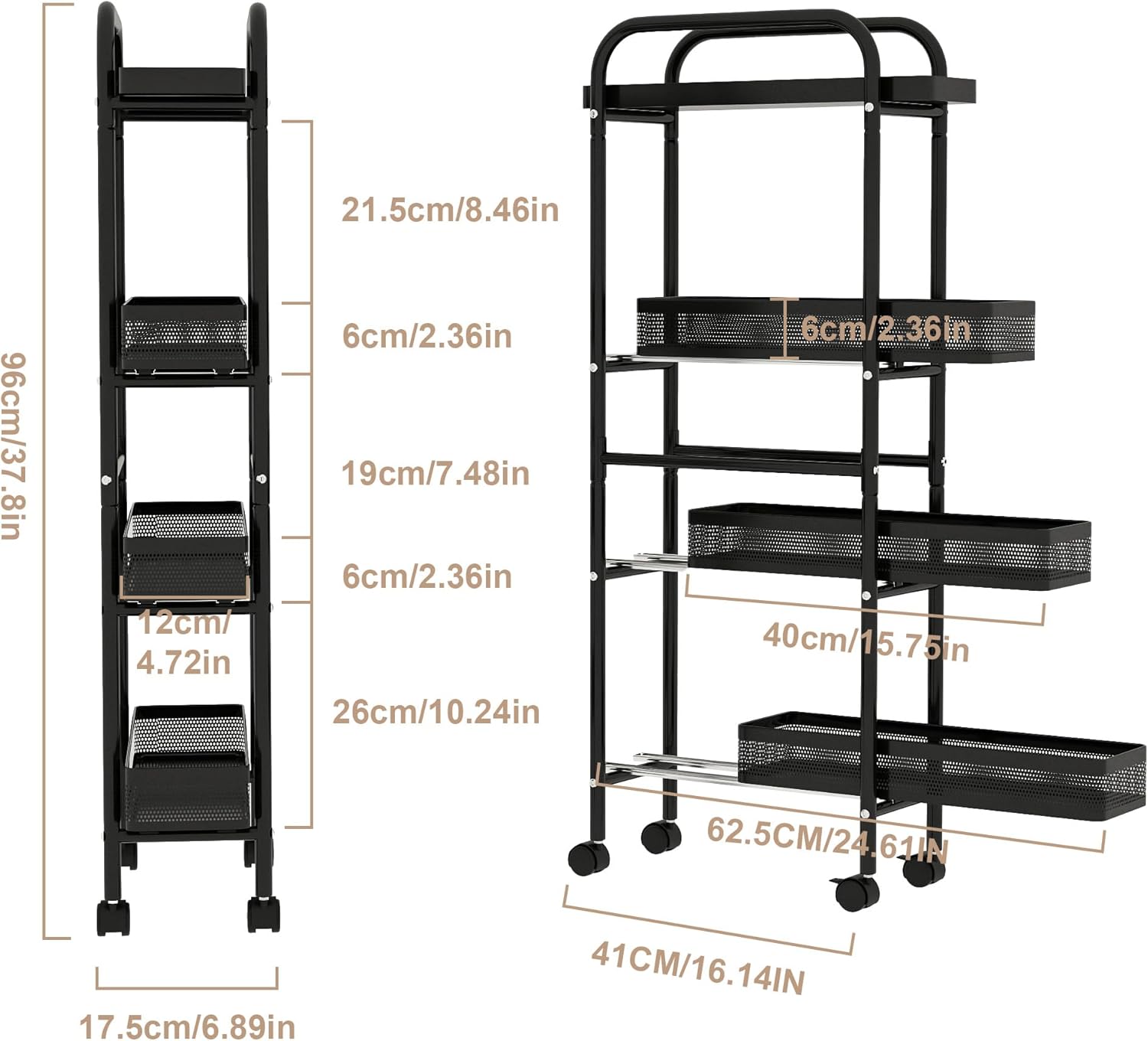 UMDONX Slim Storage Cart 4 Tier with Pull Out Basket Bathroom Organizer Rolling cart, Rolling Utility Cart Slide Out Organizer for Kitchen, Bathroom, Laundry Black