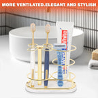 HarJue Toothbrush Holder Stand for Bathroom, Metal Toothbrush Organizer with Marble Base, Toothbrush Storage Collection for Family, Suitable for Home Hotel Countertop Vanity (Medium, Gold)
