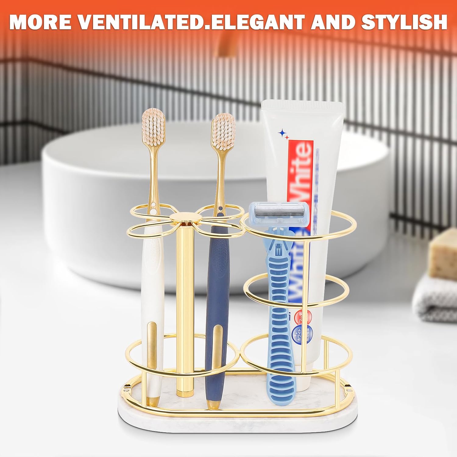 HarJue Toothbrush Holder Stand for Bathroom, Metal Toothbrush Organizer with Marble Base, Toothbrush Storage Collection for Family, Suitable for Home Hotel Countertop Vanity (Medium, Gold)