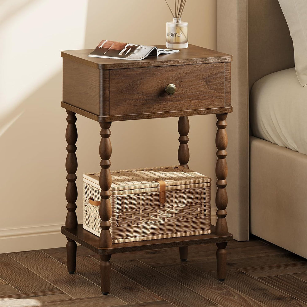 Yoobure Small Side Table with Drawer - Walnut Night Stand with Wood Legs