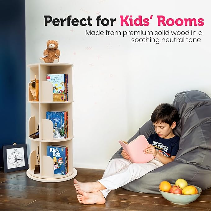 Rotating Kids Bookshelf – 3-Tier 360° Spinning Bookcase Tower, Solid Pine Wood, 12 Cubbies, Toddler Bookshelf Organizer & Lazy-Susan Storage for Nursery, Classroom or Playroom (Natural Finish)