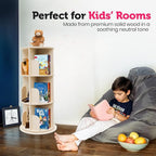 Rotating Kids Bookshelf – 3-Tier 360° Spinning Bookcase Tower, Solid Pine Wood, 12 Cubbies, Toddler Bookshelf Organizer & Lazy-Susan Storage for Nursery, Classroom or Playroom (Natural Finish)