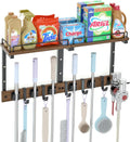 Mop Holder Wall Mount with Cleaning Supplies Organizer, Wood Mop and Broom Hanger Rack Organizer with Anti-Fall Wall Shelf with 5 Clips & Hooks for Garage Laundry Room Kitchen (Dark)