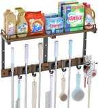 Mop Holder Wall Mount with Cleaning Supplies Organizer, Wood Mop and Broom Hanger Rack Organizer with Anti-Fall Wall Shelf with 5 Clips & Hooks for Garage Laundry Room Kitchen (Dark)