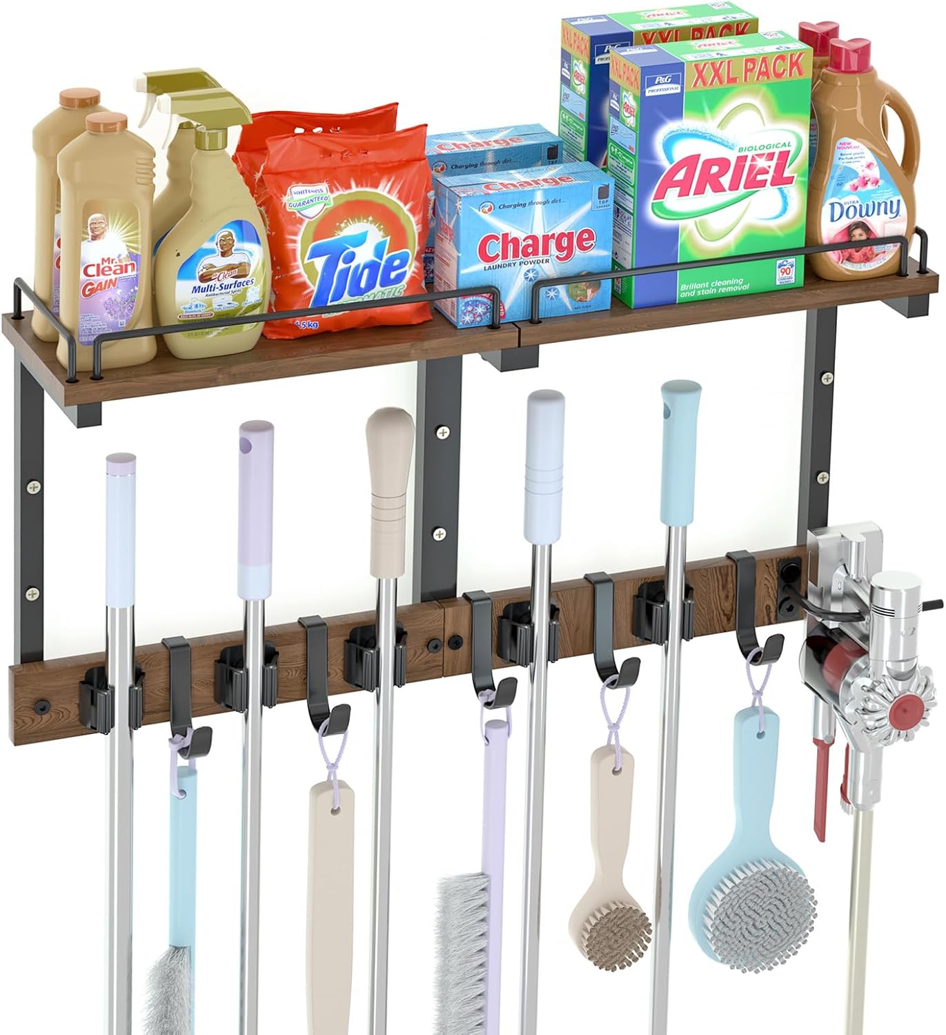 Mop Holder Wall Mount with Cleaning Supplies Organizer, Wood Mop and Broom Hanger Rack Organizer with Anti-Fall Wall Shelf with 5 Clips & Hooks for Garage Laundry Room Kitchen (Dark)