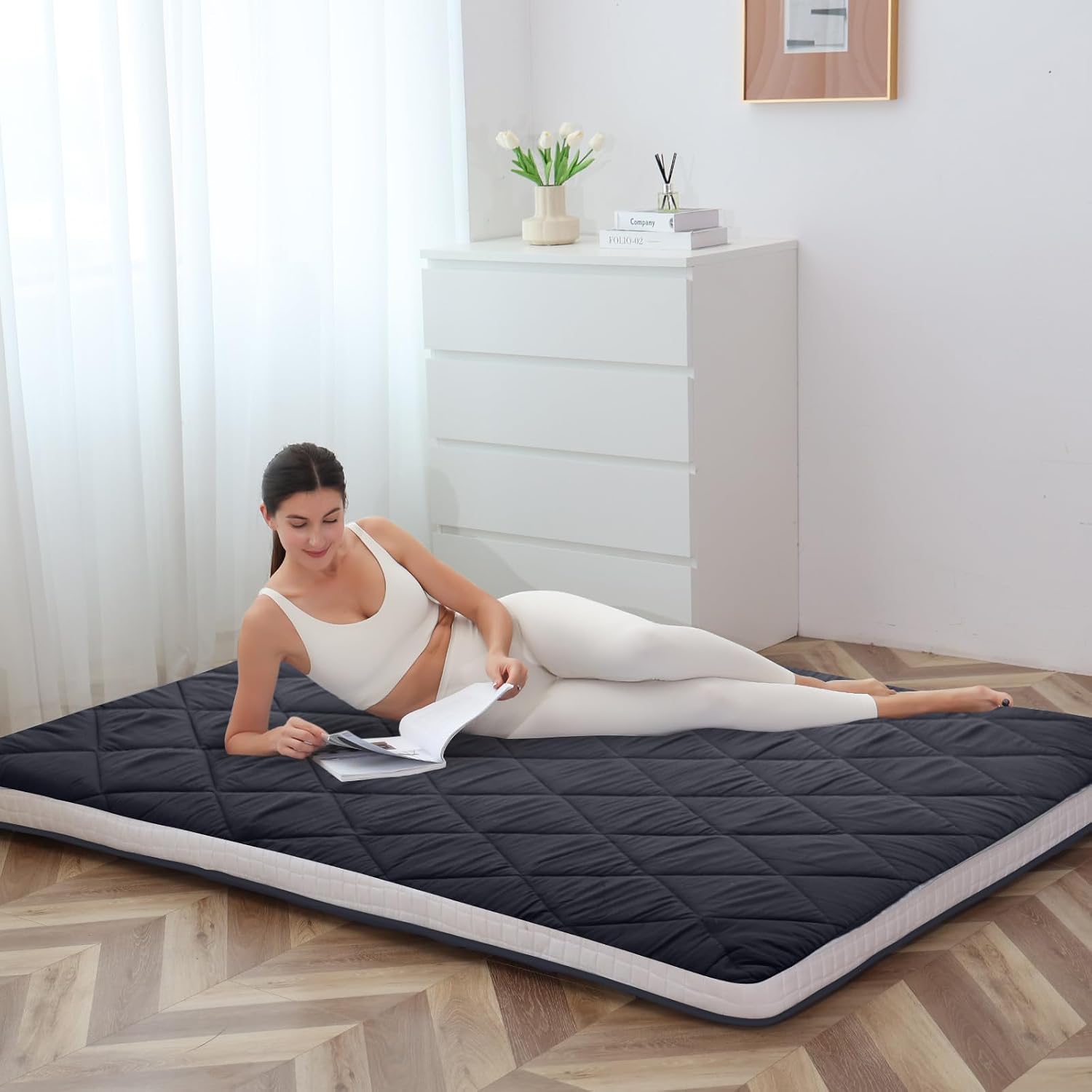 Twin Size Futon Mattress -4in Extra Thick Foldable Japanese Floor Mattress - Super Soft Fuzzy Sleeping Pad for Adults - Tatami Mat Suitable for Camping & Guest & RV Mattress- Diamond Black