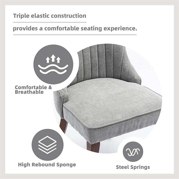 Grey Dining Chairs Set of 6，Linen Channel Tufted Kitchen Dining Room Chair with Curved Solid Wood Legs, Comfortable Fabric Upholstered Dining Chair for Dining Room, (Grey, 6pc)
