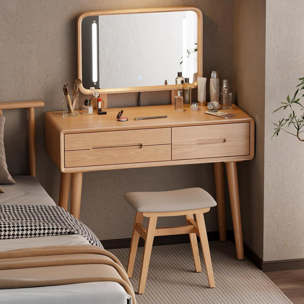 Solid Wood Vanity Stool, Padded Foot Stools Ottoman, Natural