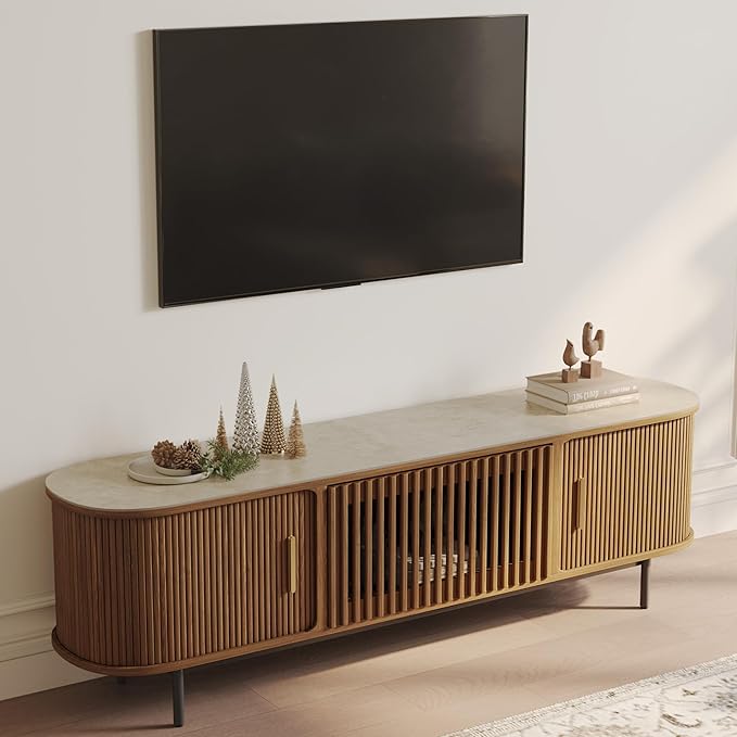 POVISON Fully-Assembled Sliding Tambour Door TV Stand, Mid Century Modern Sintered Stone TV Console, Wood Media Console for 70 Inch TV, Entertainment Center with Storage Cabinet(Walnut, 70.87")