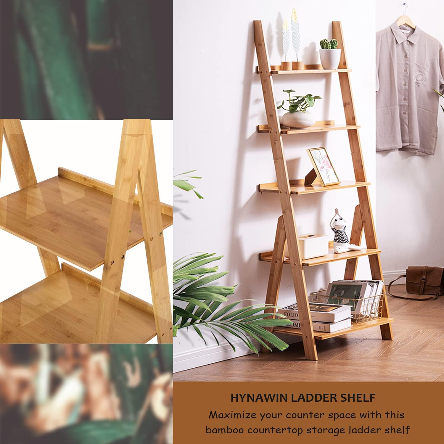 Corner Ladder Shelf Storage Shelving, 5 Tier Books/CDs/Albums/Files Holder in Living Room Home Office,Simple Assembly