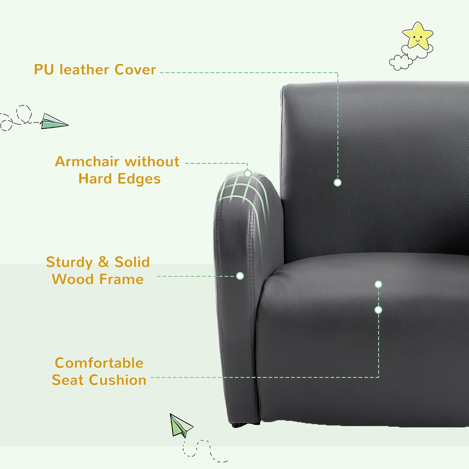 Qaba Kids Sofa Rocking Chair with Side Pocket Toddler Chair Grey | Toddler Armchair, PU Leather, For Children