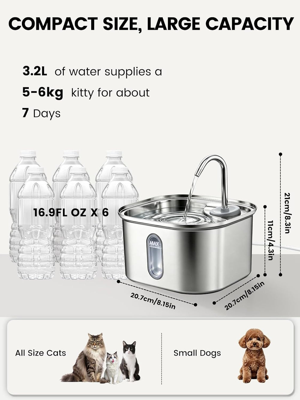 Cat Water Fountain Stainless Steel Set 3.2L 108oz & Silicone Waterproof Mat