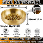 4-Inch Gold Decorative Bowl Paper Clip Holder,Stainless Steel Dual-Purpose Round Small Storage Tray & Cute Jewelry Organizer for Office Desk,Bathroom Vanity,Home & School